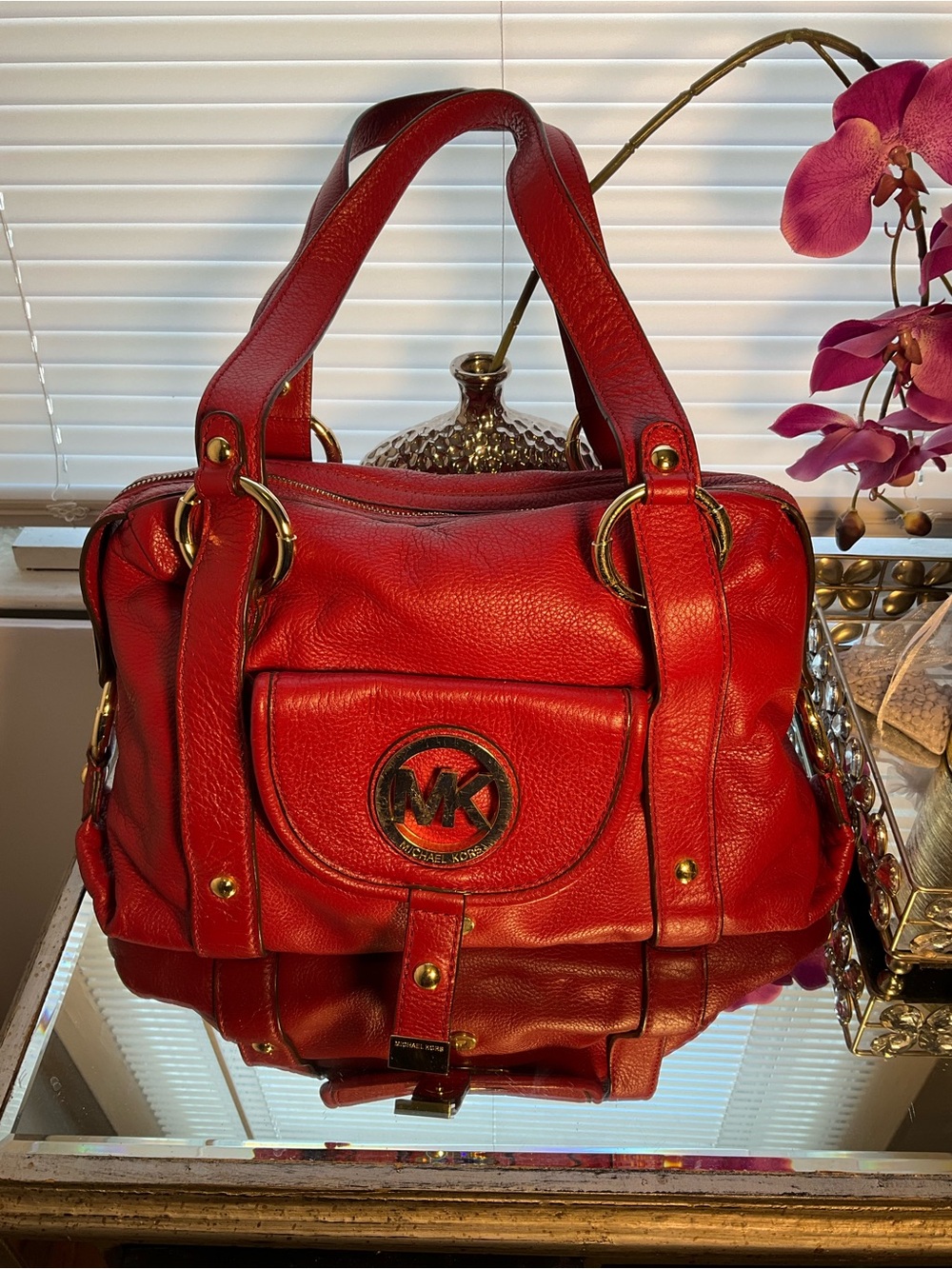 Michael Kors Red Pebbled Leather Shoulder Bag with Gold Hardware